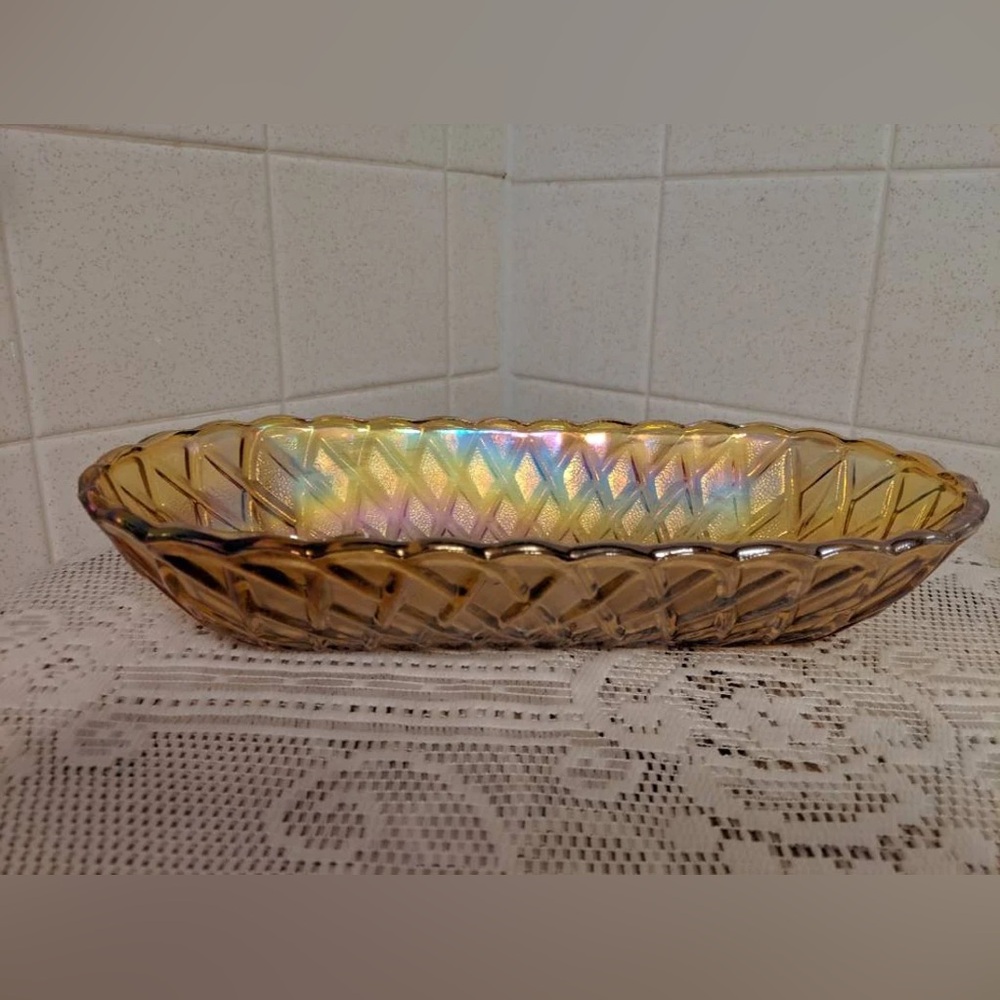Vintage Carnival Glass Oblong Bowl Indiana Glass Iridescent Amber /Marigold